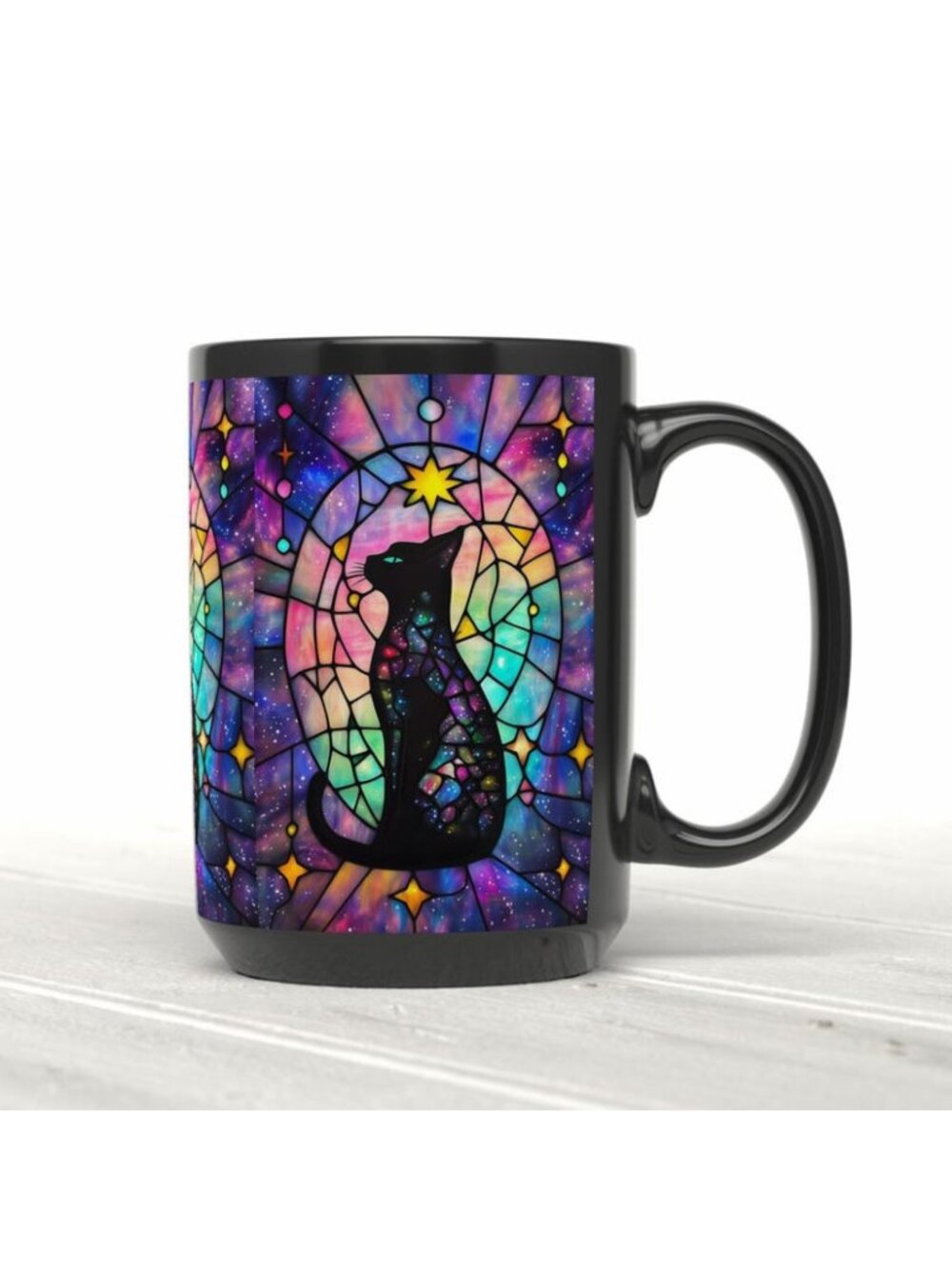 Celestial Black Cat Coffee Mug, Stained Glass Look, Witchy Halloween Size 11OZ